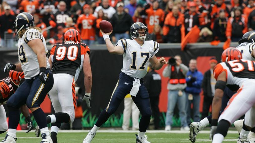 CINCINNATI - NOVEMBER 12: Quarterback Philip Rivers #17 of the San Diego Chargers throws the ball during the game against the Cincinnati Bengals on November 12, 2006 at Paul Brown Stadium in Cincinnati, Ohio. The Chargers defeated the Bengals 49-41. (Photo by Jim McIsaac/Getty Images)