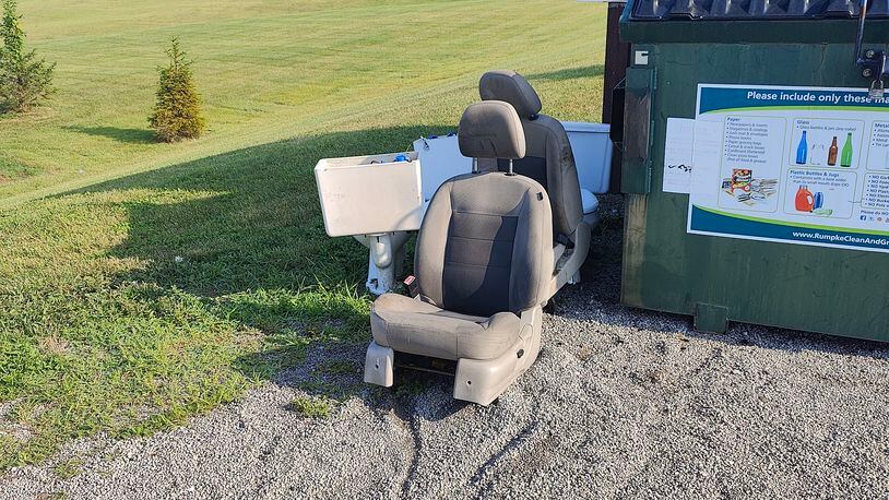 West Chester Twp. got rid of their recycling bins because people are using them as dumping grounds for all manner of trash. Now they are considering partnering with Liberty Twp. to provide trash and recycling services to their residents. Pictured here are actual car seats and toilets dumped at Keehner Park.