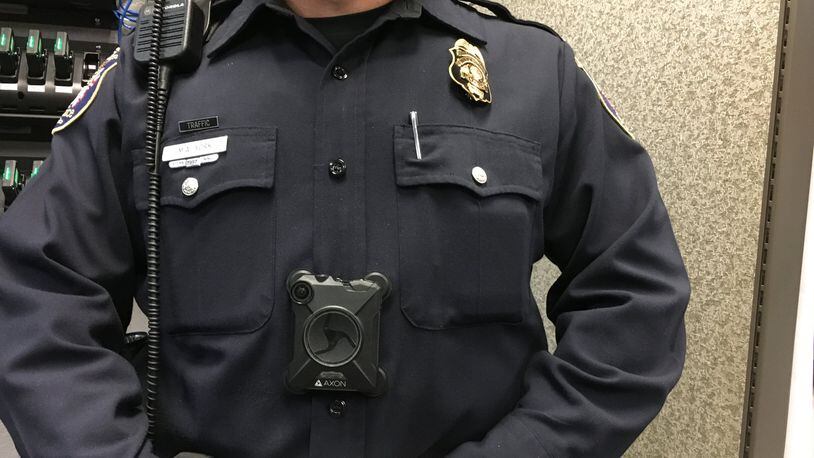 West Chester Twp. Patrol Officer Mark York is wearing one of the 50 newly purchased police body worn cameras. DENISE G. CALLAHAN/STAFF