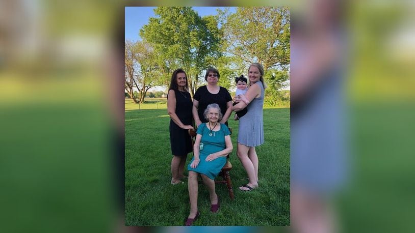 This Madison Twp. family recently gathered for a five-generation photo of women. Back row, from left, Bonnie Schmidt, Robbin Blower, Vivian Grace Barber and Ashley Barber; front row: Anita Grace Hora. They became a five-generation family when Vivian, named after her great-great grandmother, was born six months ago. SUBMITTED PHOTO