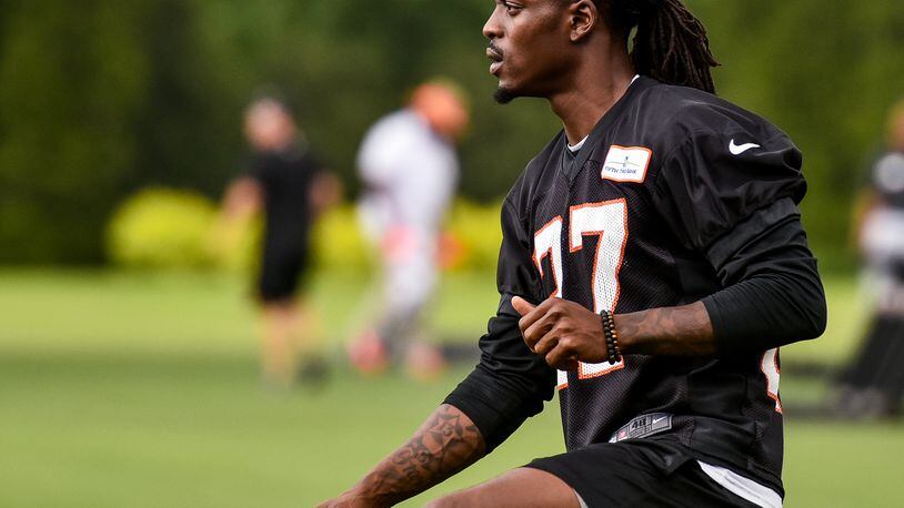 Bengals’ cornerback Dre Kirkpatrick stretches during organized team activities Tuesday, May 22, 2018, at the practice facility near Paul Brown Stadium in Cincinnati. NICK GRAHAM/STAFF