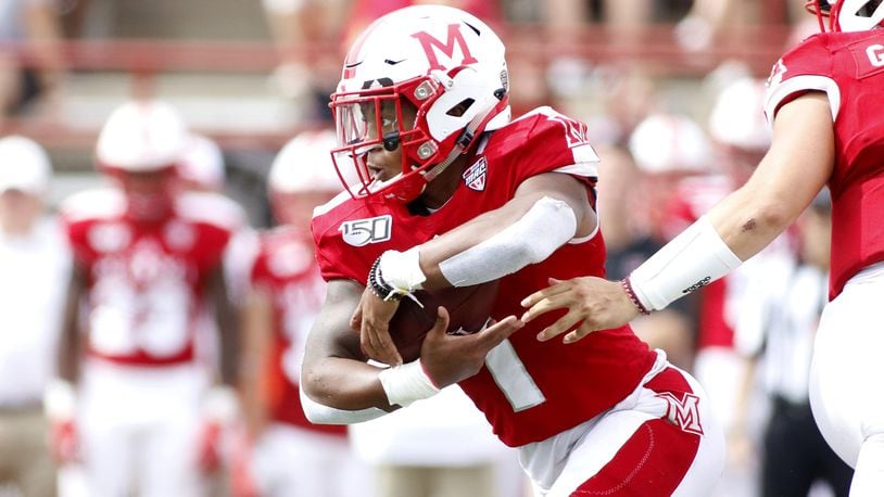 OXFORD, OHIO - SEPTEMBER 28: Jaylon Bester #1 of the Miami of Ohio Redhawks runs the ball in the game against the Buffalo Bulls during the first quarter at Yager Stadium on September 28, 2019 in Oxford, Ohio. (Photo by Justin Casterline/Getty Images)