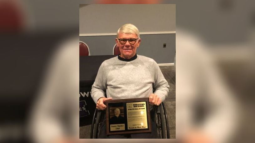 Danny Slusher, a 1966 Middletown High School graduate and standout football player, was recently inducted into the school's athletic hall of fame. He was paralyzed in an auto accident in 1989. SUBMITTED PHOTO