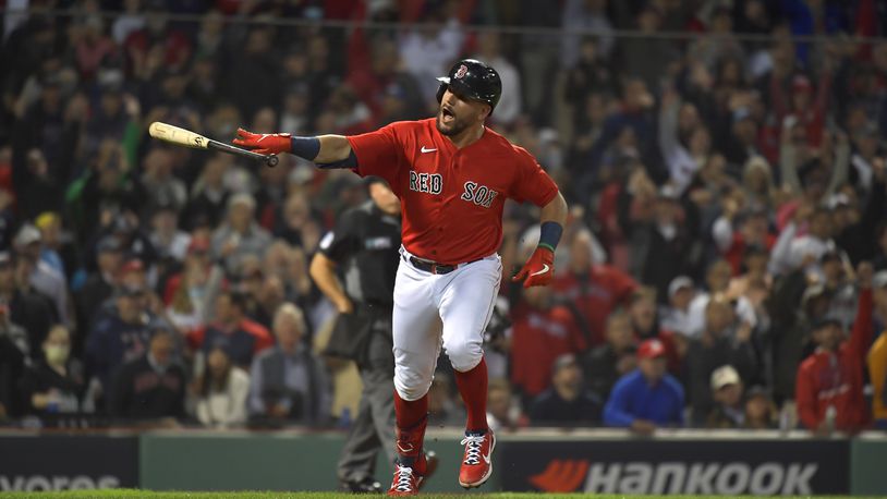Boston Red Sox Kyle Schwarber during a wild-card game against the New York Yankees at Fenway Park in Boston on Tuesday, Oct. 5, 2021. (Johnny Milano/The New York Times)