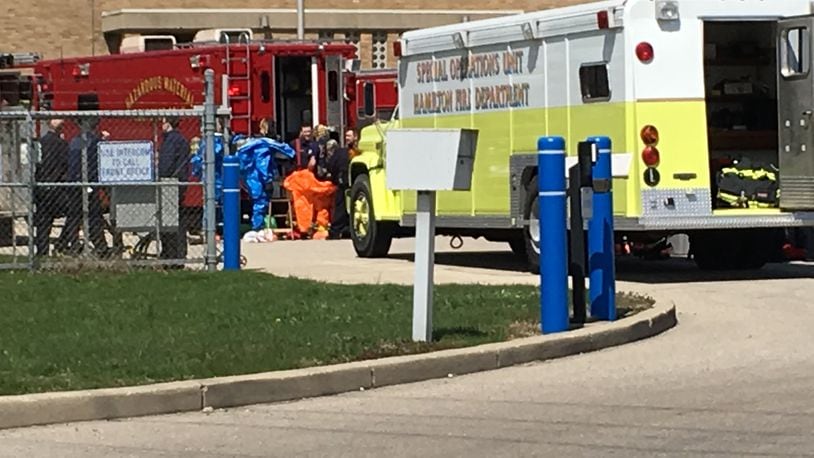 Hazmat crews from around Butler County assisted Middletown firefighters after a lime powder leak at the Middletown Water Treatment Plant on April 5. Two employees were injured and taken to Atrium Medical Center for treatment. ED RICHTER/STAFF
