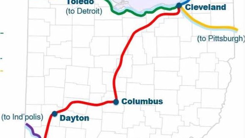 This map shows the five proposed Amtrak routes in Ohio that would be financed by the transportation legislation now being considered by Congress. PROVIDED