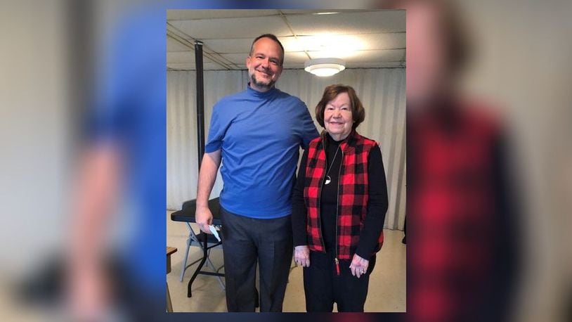 Eric Sheridan Wyatt and his former Adams Elementary School kindergarten teacher, Barbara Blair, recently were reunited when Wyatt spoke about his newest book to a Butler County book club where Blair is a member. SUBMITTED PHOTO