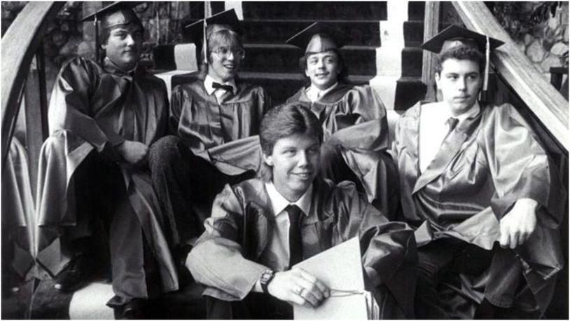 Fairfield High School seniors Terry Benjamin (front) and (back row, from left) Richard Butler, Rich Burns, Jeff Russell and Scott Bucher relax  before graduation at Tri-County Assembly Church on June 2, 1988.