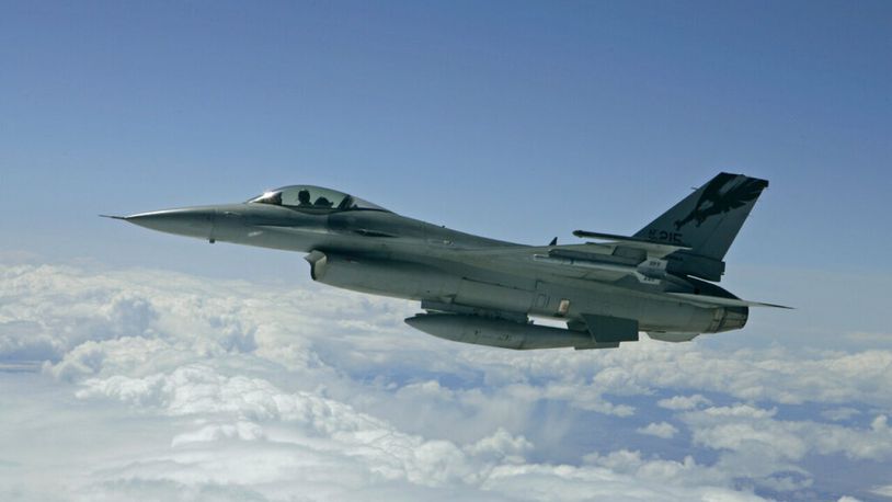 An F-16 from the California Air National Guard's 144th Fighter Wing is seen in flight during a training exercise Saturday, May 5, 2007, over California. F-16s from Ohio's 180th Fighter Wing will be performing training exercises over Middletown on Wednesday, Dec. 8. (AP Photo/Ben Margot)