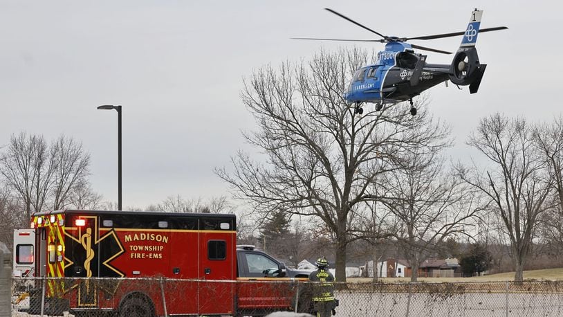 A motorcycle rider was flown to an area hospital after crashing Wednesday afternoon, Feb. 7, 2024, in the 4600 block of Elk Creek Road in Madison Twp. NICK GRAHAM/STAFF