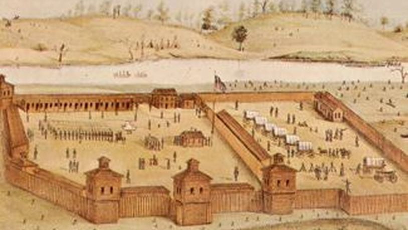 Nobody knows for sure what Fort Hamilton looked like, but here is a painting based on handed-down descriptions of it. It was located on the eastern shoreline of the Great Miami River, near the High-Main Bridge. PROVIDED