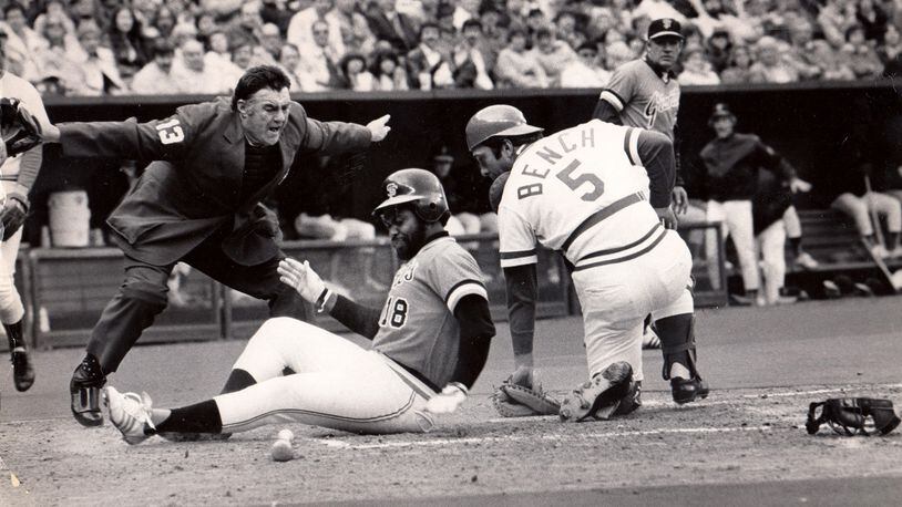 The opening day game for the Cincinnati Reds didn't go well against the San Francisco Giants in 1979. Johnny Bench missed a Ken Griffey throw to the plate that allowed Bill Madlock to score. DAYTON DAILY NEWS ARCHIVE