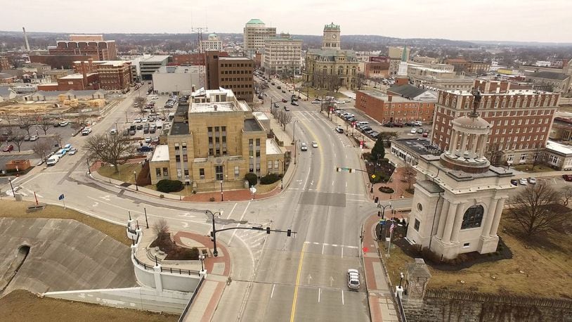 Aerial view of downtown Hamilton looking east from the High Street Bridge. TY GREENLEES / STAFF