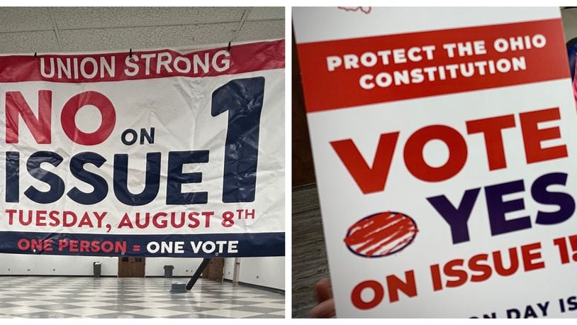 Side by side posters of Vote No and Vote Yes on Issue 1.