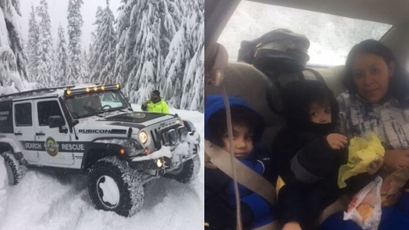 A family of four was stranded in their car overnight in Snohomish County due to heavy snow.