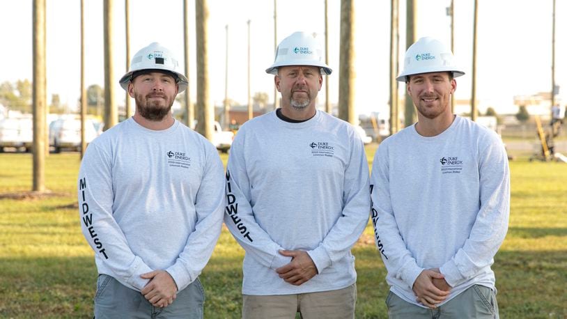 Lineman Rodeo Duke Midwest competitors, from left are James Riddell of Madison Twp., T.J. Lewis of Aurora, In., and Jacob Nieman of Ross. The lineman will compete in the International Lineman’s Rodeo on Oct. 19 in Bonner Springs, Kan.