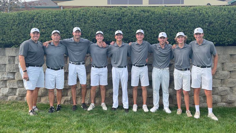 The Lakota East boys golf team will play in the Division I state tournament for the sixth straight season and seventh time overall this weekend. Pictured from left:
Assistant coach Joe Wilson, Head Coach Jeff Combs, Assistant coach Kyle Vanderhorst,  Cameron Uhl, Tyler Sylla, Jacob Curry, Joe Wilson IV, Walker Wood, Bobby Horseman. CONTRIBUTED