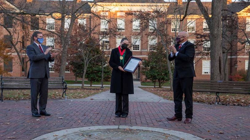 Earlier this month Miami’s Martha Castañeda, professor of Teacher Education, was the focus of an outdoor ceremony near the famed seal of the school as she received the President’s Medal from school officials including President Gregory Crawford. (Provided Photo\Journal-News)