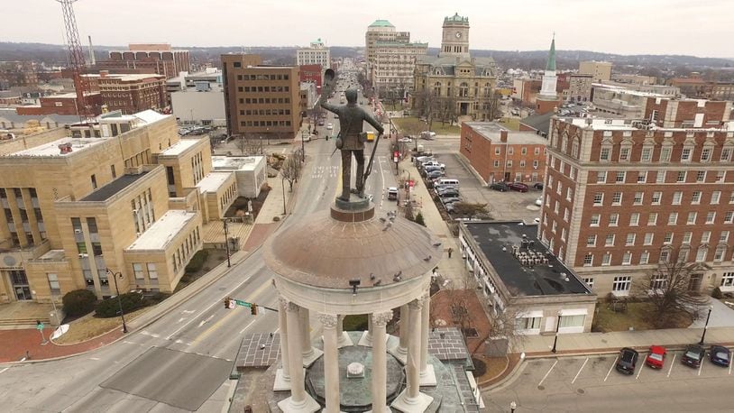 “Victory, Jewel of the Soul,” (also known as Billy Yank)sculpture by Rudolph Thiem stands atop the Soldiers, Sailors and Pioneers Monument at the High Street Bridge in downtown Hamilton. TY GREENLEES / STAFF