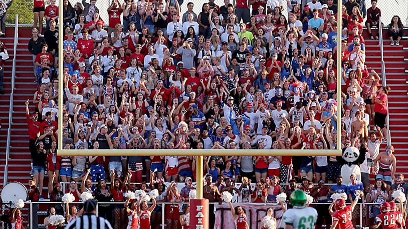 Contributed photo by E.L. Hubbard The Fairfield student section cheers as Fairfield linebacker Aaron McKenzie runs into the endzone for a touchdown after recovering a Northmont fumble during their game at Fairfield Stadium Friday, Sept. 2, 2016.