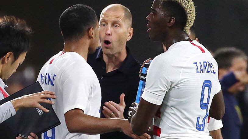 USA head coach Gregg Berhalter instructs his players during action against Ecuador in a friendly at Orlando City Stadium on March 21, 2019, in Orlando, Fla. The United States won, 1-0. (Stephen M. Dowell/Orlando Sentinel/TNS)