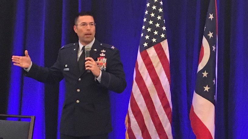 Col. Tom Sherman, commander of the 88th Air Base Wing at Wright-Patterson Air Force Base, speaks at a defense conference in Columbus on Monday. Sherman said that the base’s mission and responsibilities are growing and that he expects its number of employees to continue growing as well.