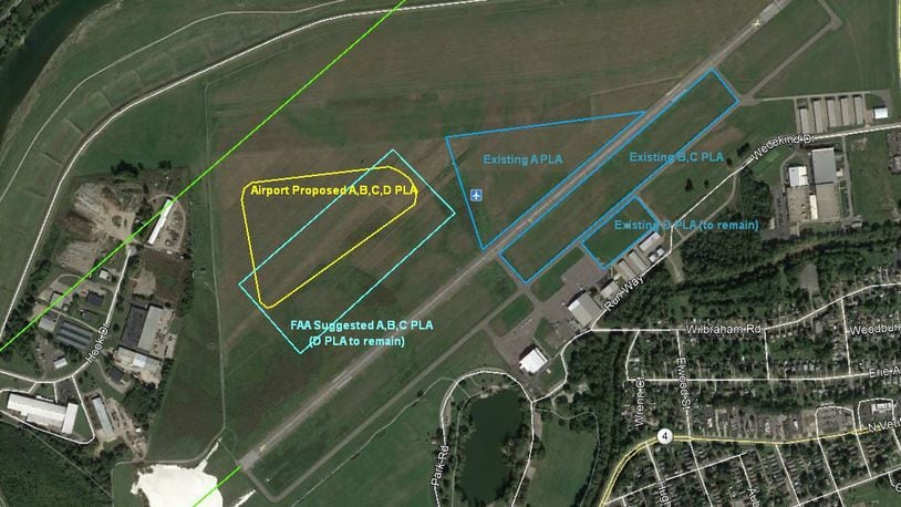 This map is what the Federal Aviation Administration is proposing as the parachute landing zones at Middletown Regional Airport. CONTRIBUTED/FEDERAL AVIATION ADMINISTRATION