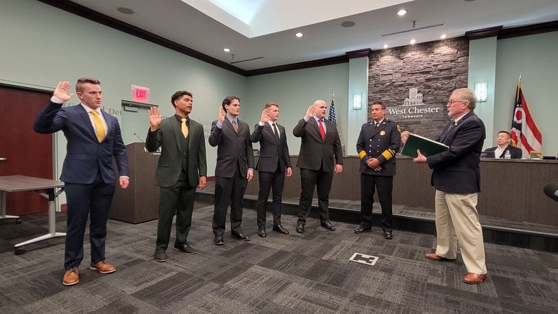 West Chester Twp. hired five more new firefighters in a quest to transition to a full-time career department. Fiscal Officer Bruce Jones swore the men in on Tuesday, they are from left to right the new hires are: Charles Rielage, Levi Bailey, Cody Swall, Jack Rebholz and Sam Thompson.