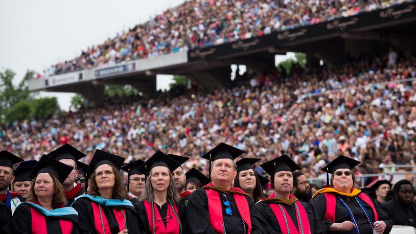 Graduates wait for the start of the commencement ceremony at Williams Stadium, on the campus of Liberty University, May 9, 2015 in Lynchburg, Virginia.  (Drew Angerer/Getty Images)