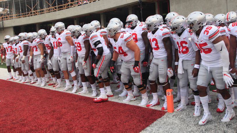 Ohio State prepares to take the field before a game against Indiana on Thursday, Aug. 31, 2017, at Memorial Stadium in Bloomington, Ind. David Jablonski/Staff