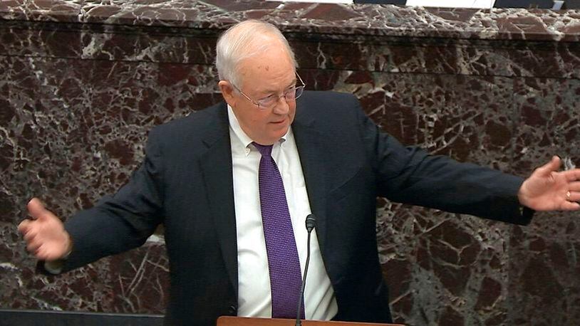 In this image from video, Ken Starr, an attorney for President Donald Trump, speaks during the impeachment trial against Trump in the Senate at the U.S. Capitol in Washington, Monday, Jan. 27, 2020. (Senate Television via AP/AP)