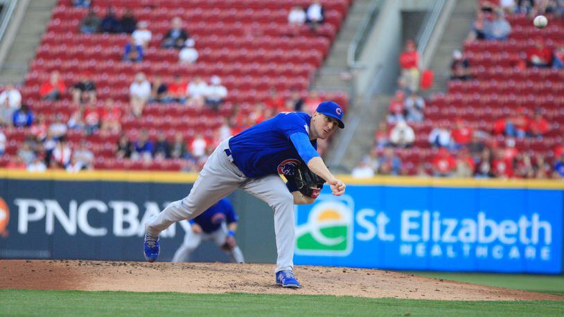 Cubs starter Kyle Hendricks pitches against the Reds on Tuesday, May 14, 2019, at Great American Ball Park in Cincinnati. David Jablonski/Staff