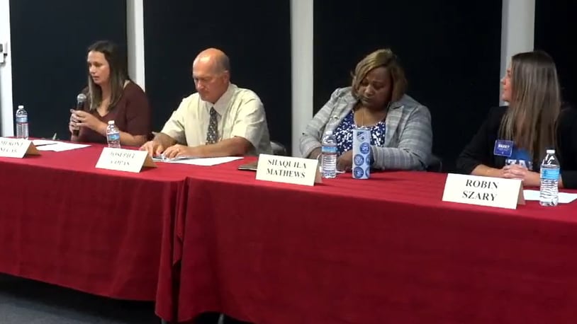 Dr. Joe Copas and School Board member ShaQuila Mathews (center left and center right, respectively) won election to the Hamilton City Schools Board of Education following the official run of the Nov. 7 general election. Their terms begin in January. Pictured are the candidates for the Hamilton School Board race as they addressed questions on Monday, Oct. 2, 2023, at a forum hosted by the Greater Hamilton Chamber of Commerce in partnership with TVHamilton and Miami Downtown Hamilton.