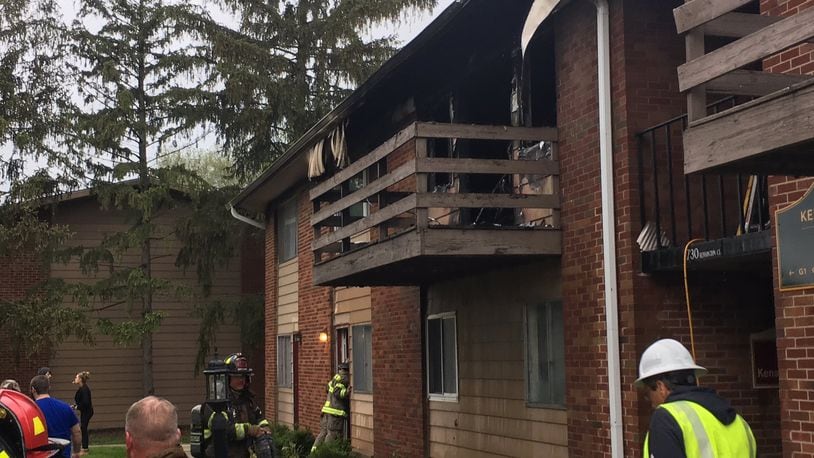 Middletown firefighters were assisted by fire crews from Monroe and Franklin to put out a fire in an eight-unit apartment building at the Kensington Ridge Apartments Monday evening. No injuries were reported but 20 to 22 people were displaced as a result of the fire damage. ED RICHTER/STAFF