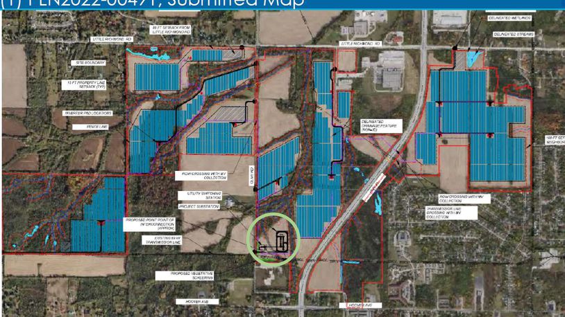A map showing proposed locations of solar panels near Hoover Avenue and Olive Road in West Dayton. CONTRIBUTED