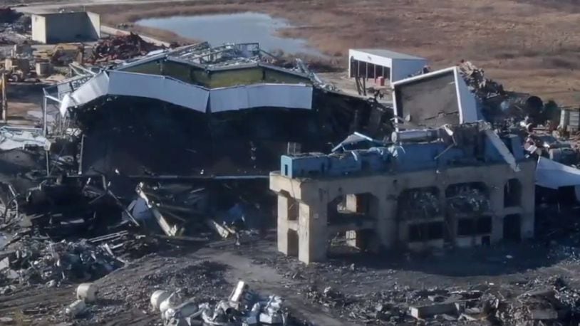 Sky 9 surveys the scene of a building collapse at the Killen Generating Station near Manchester, Ohio, Dec. 9, 2020. WCPO-TV