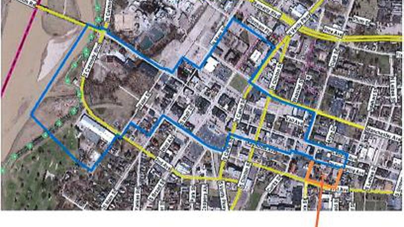 Middletown City Council Tuesday, Feb. 16, 2020, approved another five-year extension of Ohio's first Designated Outdoor Refreshment Area as well as expanding the district to include N.E.W. Ales on First Avenue. The area outlined in blue is the DORA District and the area outlined in orange is the newly expanded area. CONTRIBUTED/CITY OF MIDDLETOWN