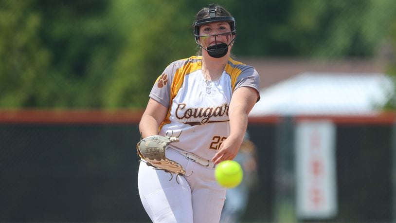 Kenton Ridge High School senior Kylie Ropp delivers a ball towards the plate during their Division II district final game against Franklin on Friday, May 19, 2023 at Arcanum High School. The Cougars won 11-0 in five innings. CONTRIBUTED PHOTO BY MICHAEL COOPER