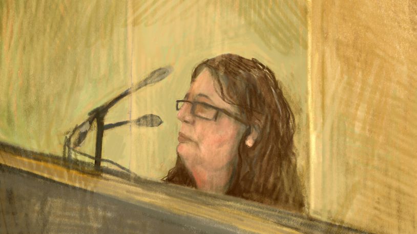 In this courtroom sketch, Erin Patterson appears in Latrobe Valley Magistrates Court, Victoria, Nov. 3, 2023. Patterson, accused of serving her ex-husband's parents and an aunt poisonous mushrooms with lunch, has pleaded not guilty in an Australian court, Tuesday, May 7, 2024, on three counts of murder and five of attempted murder. (Anita Lester/AAP Image via AP)