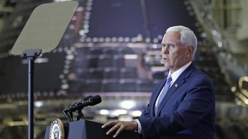 Vice President Mike Pence speaks during an event for employees, their families and supporters at the Kennedy Space Center in recognition of the Apollo 11 anniversary, Saturday, July 20, 2019, in Cape Canaveral, Fla.