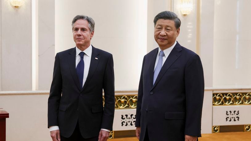 FILE - U.S. Secretary of State Antony Blinken, left, meets with Chinese President Xi Jinping in the Great Hall of the People in Beijing, China on June 19, 2023. Blinken is starting three days of talks with senior Chinese officials in Shanghai and Beijing this week. It comes as U.S.-China ties are at a critical point over numerous global disputes. (Leah Millis/Pool Photo via AP, File)