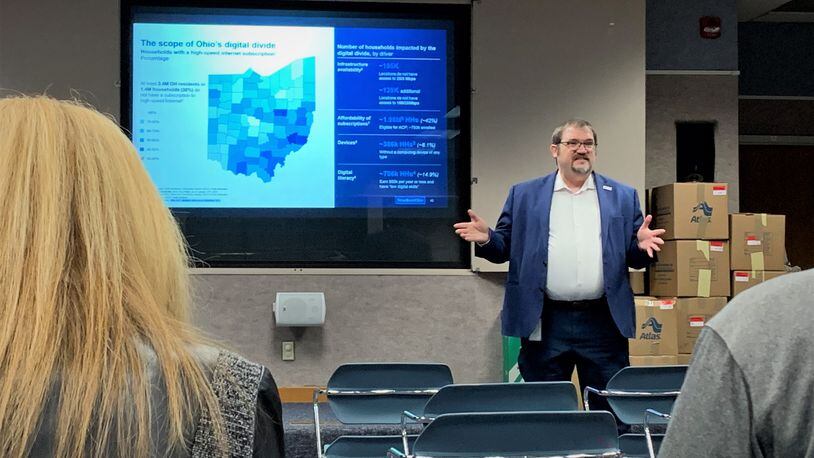 Chief of Broadband Ohio Peter Voderberg speaks to local nonprofits at the Xenia Community Library Thursday about the state's broadband expansion. LONDON BISHOP/STAFF