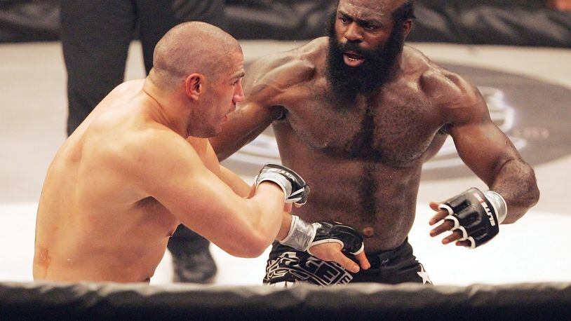 This May 31, 2008, file photo shows Kimbo Slice, right, battling James Thompson of Manchester, England during their EliteXC heavyweight bout at the Prudential Center in Newark, N.J.