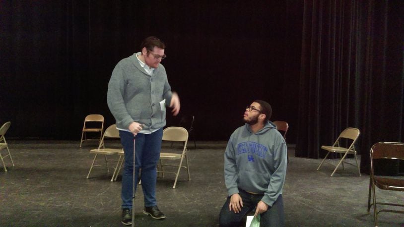 John Lawson (left) plays Barry, and Malcolm Casey is Lucien as they rehearse for “The Boys Next Door.” CONTRIBUTED
