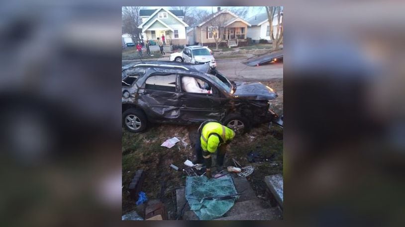 Teen boys were seriously injured Tuesday morning in a crash in the 400 block of Auburn Street in Middletown. The vehicle that was allegedly stolen from Trenton ended up in the yard of a resident. Alex Auvi/Facebook