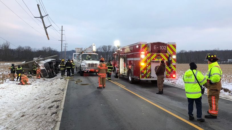 Ross Twp. fire chief said semi truck driver is lucky to be alive after tipping off U.S. 27 into a deep ditch Wednesday evening and splitting a utility pole in half.