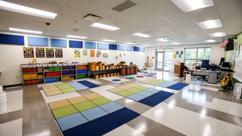 Construction of the new Marshall Elementary School in Oxford is nearly complete with only some minor cosmetic, landscaping, fencing and signage projects left Wednesday, Sept. 1, 2021. Students have returned to school and are using the new building. This is the music room. NICK GRAHAM / STAFF