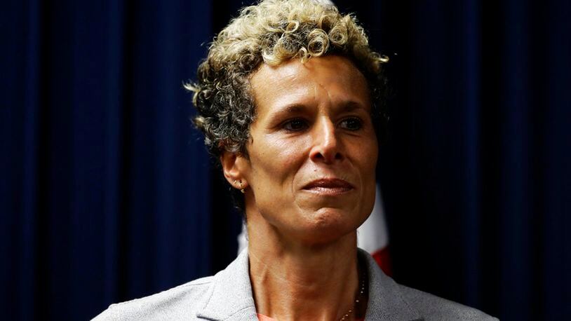 Accuser Andrea Constand reacts at a news conference after Bill Cosby was sentenced to three-to 10-years for sexual assault Tuesday, Sept. 25, 2018, in Norristown, Pa. (AP Photo/Matt Slocum)
