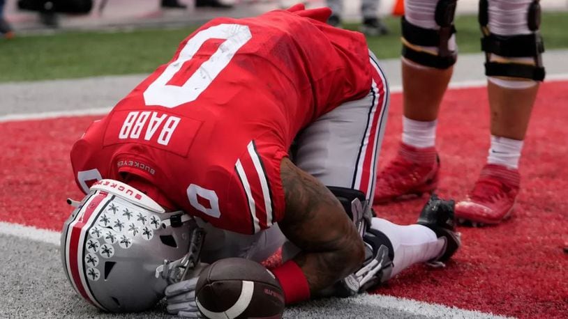 Kamryn Babb, a wide receiver at Ohio State University, is overcome with emotion after catching his only pass in college. Babb will be one of the two keynote speakers when Berachah Church hosts its fifth annual Be A Man (BAM) Main Event on May 5. CONTRIBUTED