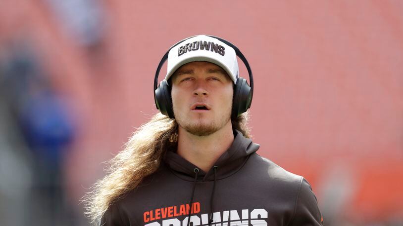 Cleveland Browns punter Jamie Gillan is shown before an NFL football game between the Tennessee Titans and the Cleveland Browns, Sunday, Sept. 8, 2019, in Cleveland. (AP Photo/Ron Schwane)